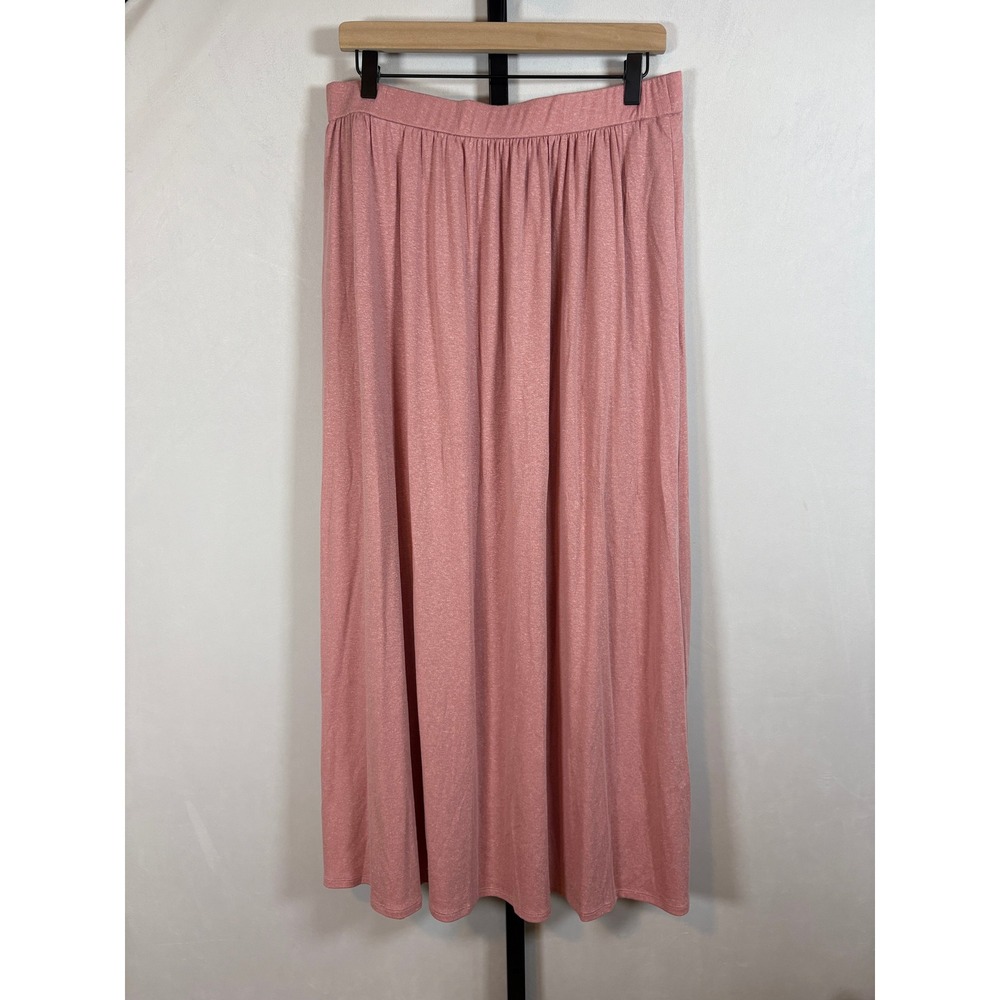OGL Soft Linen Knit Gathered A-Line Maxi Skirt Womens Large Pink Pockets Flowy